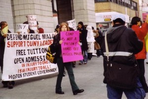 The author at a demonstration outside Bronx Criminal Court, 24 November 2003. (Photo: Sue Kellogg)
