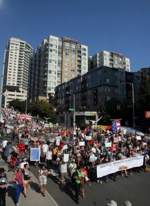 Environmental, social justice, and labor organizations march together in Seattle People's Climate March - September 21, 2014