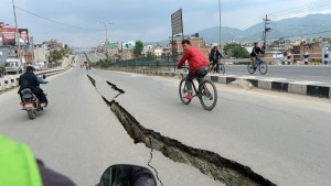 Damaged roads on the outskirts of Kathmandu (Photo: Prakash Singh / AFP / Getty Images)