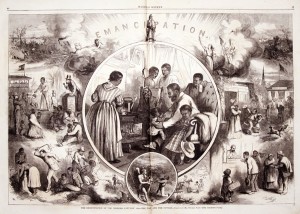 A celebration of the Emancipation Proclamation. Drawing by Thomas Nast, Harper's Weekly, January 23, 1863.