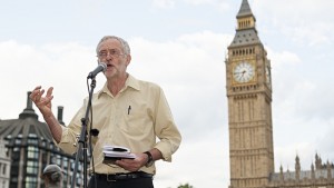 Labour MP Jeremy Corbyn addresses those at the No Glory in War rally in Parliament Square, London, on 4 August 2014 to commemorate the millions killed in the first world war. (Photo: Lee Thomas / Zuma Press / Corbis)